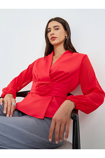 Take Two By Styli Solid Belted Flower Detail Balloon Sleeve Top