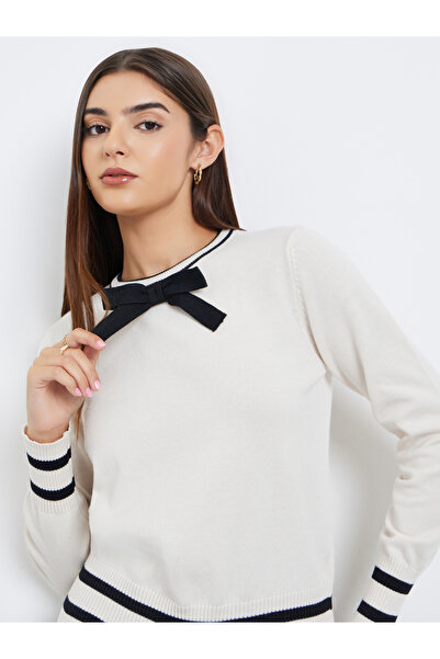 Take Two By Styli Off White Knit Sweater with Bow Trim