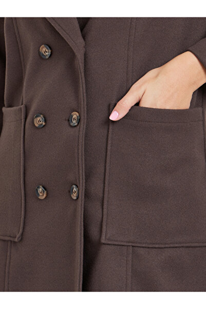 Take Two By Styli Brown Double Breasted Wool Like Coat with Pocket Detail