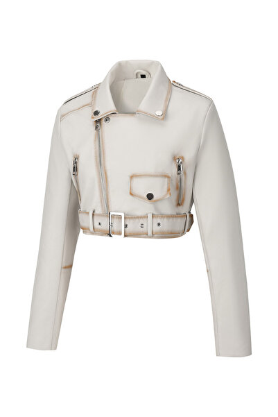 Take Two By Styli White Cropped Biker Jacket with Belt
