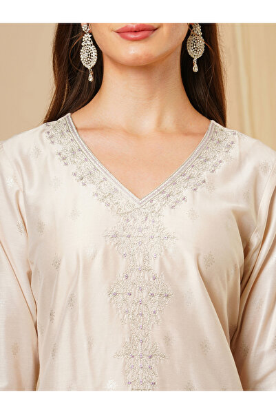 Globus By Styli Women Taupe Embroidered Sequined Kurta and Wide Leg Trouser Set