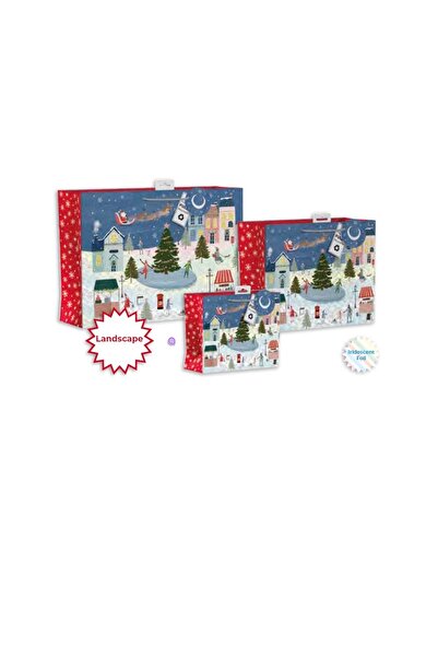 Giftmaker حقيبة هدايا كبيرة بتصميم منظر طبيعي لقرية شتوية