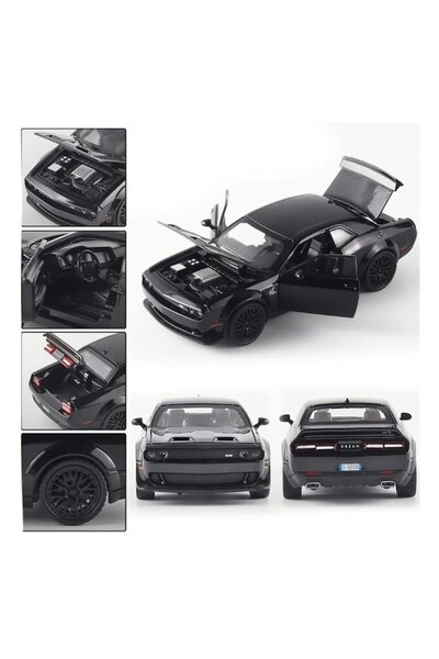 OEM Metal toy car Dodge Challenger, 1:32 scale, sounds, opening doors/hood/trunk, black, 15 cm