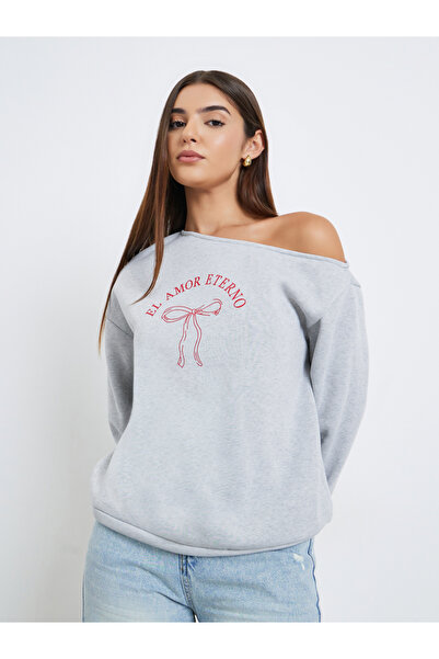 Styli Asymmetric Neck Graphic Print Sweatshirt