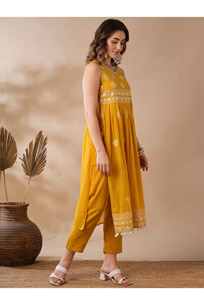 Globus By Styli Mustard Floral Embroidered Pleated Kurta and Pants Set