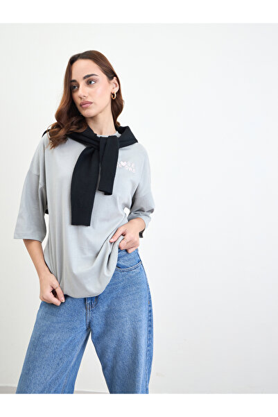 Styli Grey Oversized T-Shirt with 3/4 Sleeves