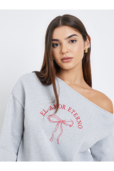 Styli Asymmetric Neck Graphic Print Sweatshirt