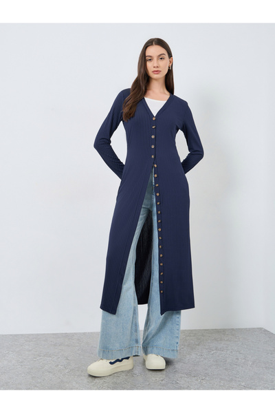 Take Two By Styli Navy Blue Knitted Cardigan with Button Placket