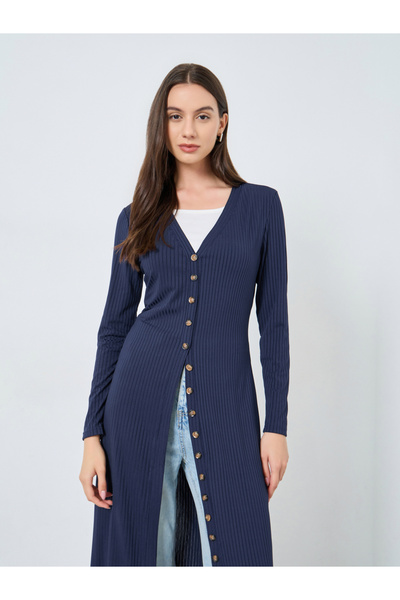 Take Two By Styli Navy Blue Knitted Cardigan with Button Placket