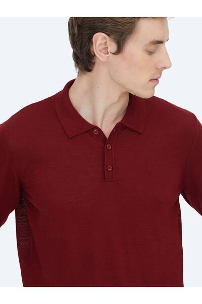 Kip Red Polo Neck Plain Knit Wool Blended Sweater