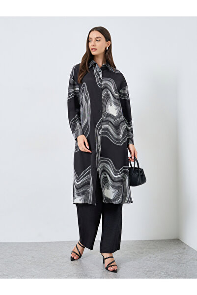 Take Two By Styli Black Marble Print Longline Shirt and Pants Co-Ords