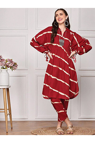 Ishin By Styli Red Striped Viscose Kurta with Pants Set