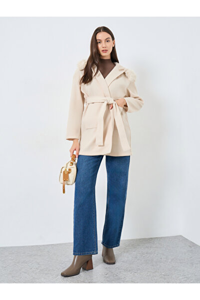 Take Two By Styli Faux Fur Hooded Coat with Tie Belt