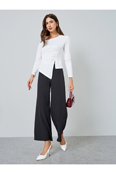 Take Two By Styli Solid Irregular Neck Slit Hem Long Sleeve Top
