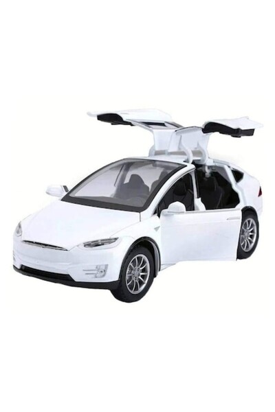 OEM Metal toy car Tesla Model X 90D with moving doors, hood and trunk, sounds, white, 15 cm