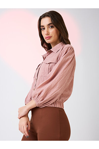 Globus By Styli Pink Textured Crop Shirt with Puffed Sleeves