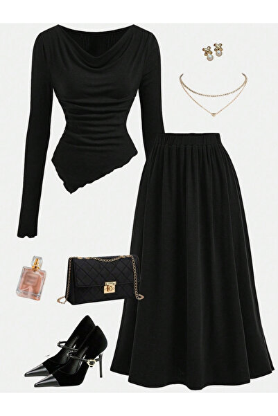 Take Two By Styli Solid Cowl Neck Top and Elastic Waist Skirt Co-Ords