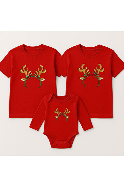 MODA Geyik Yeni Yıl Yılbaşı Noel Baba Christmas Baskılı Anne Baba Çocuk Aile Tişört Zıbın Kombin