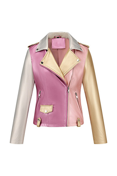 Take Two By Styli Color Block Zip Up Biker Jacket