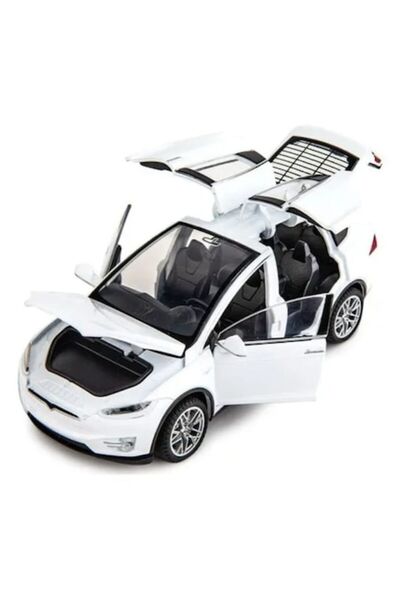 OEM Metal mechanical toy car Tesla 3V, 1:28 scale, opening doors/hood/trunk, white, 15 cm