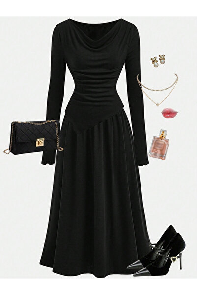 Take Two By Styli Solid Cowl Neck Top and Elastic Waist Skirt Co-Ords