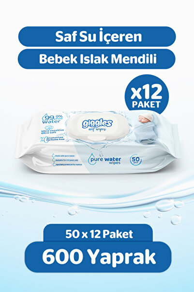 giggles Pure Water Bebek Islak Havlusu %99 Saf Su Mendil 12 paket 600 Adet