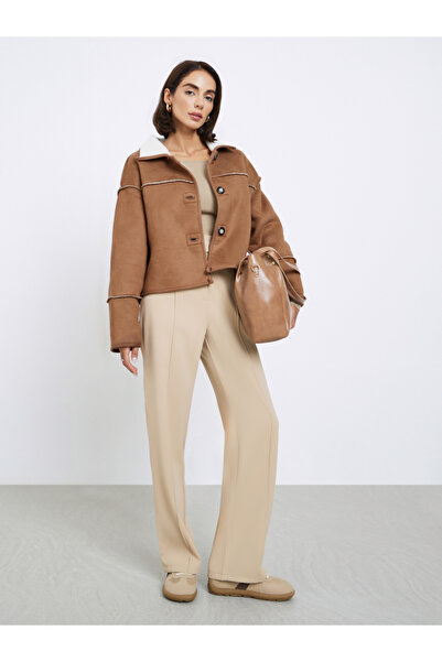 Styli Boxy Fit Suede Look Jacket with Fur Trim