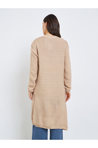 Styli Beige Textured Knit Midi Cardigan