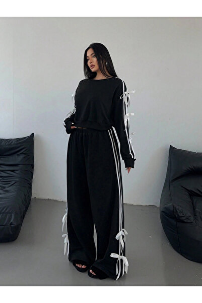 Take Two By Styli Side Striped Bow Detail Sweatshirt and Wide Pants Co-Ords