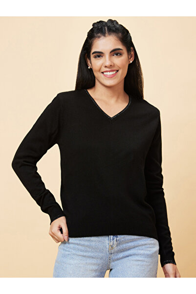 Globus By Styli Women Black Ribbed Hem Acrylic Sweater