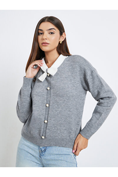 Take Two By Styli Women Grey Solid Tie-Up Neck Sweater with Faux Pearl Detail