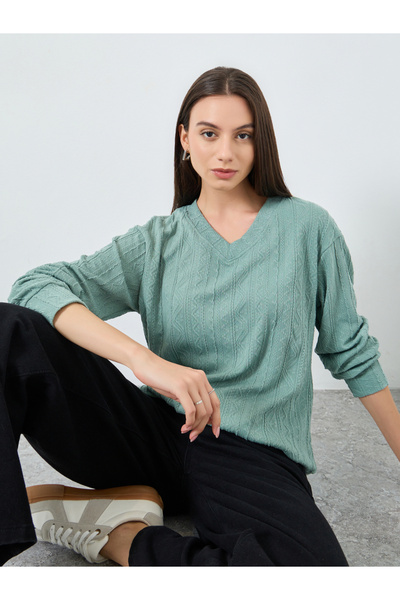 Take Two By Styli Teal Textured Long Sleeves Top