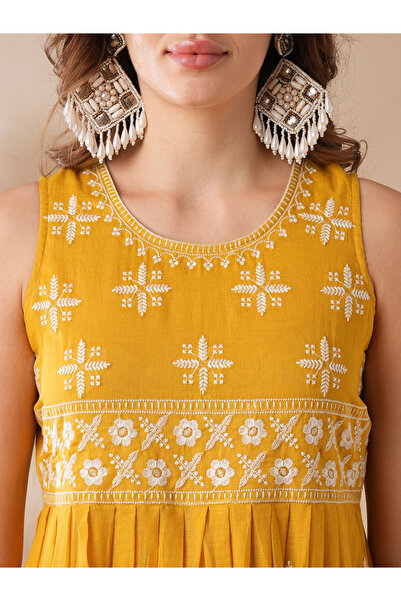 Globus By Styli Mustard Floral Embroidered Pleated Kurta and Pants Set