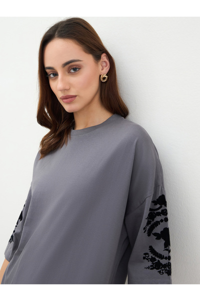 Styli Charcoal Embroidered Sleeve Oversized T-Shirt