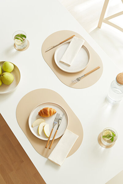 Homewave 6 Adet Bej/Taş Suni Deri Sofra Sunum Tabak Altlığı Supla Amerikan Servisi 45x30