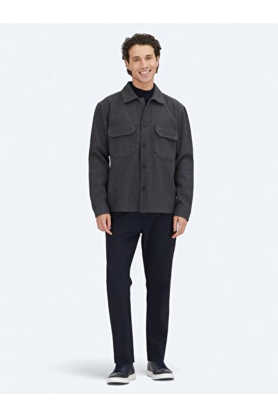 Kip Anthracite Plain Regular Fit Woven Overshirt