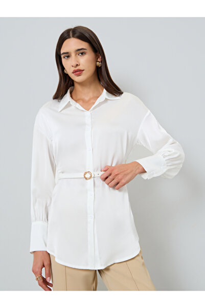 Take Two By Styli Women Solid Belted Lantern Sleeve Shirt