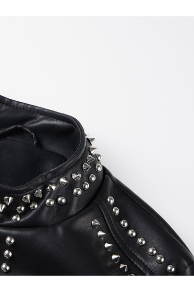 Take Two By Styli Black Studded Cropped Biker Jacket