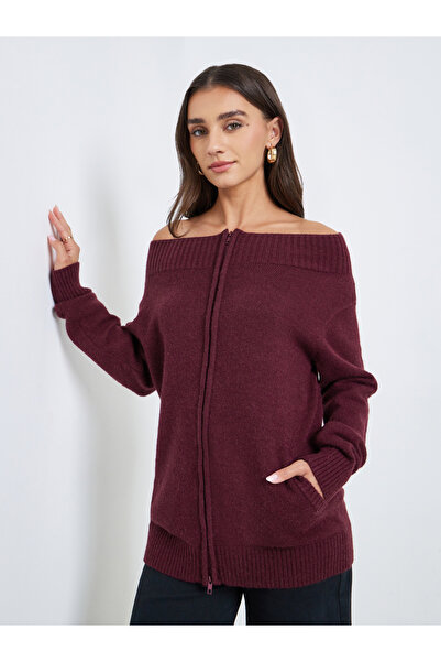 Styli Burgundy Off Shoulder Knit Top with Front Zip