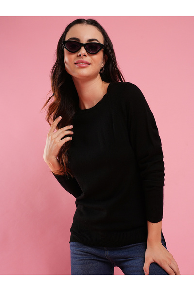 Globus By Styli Women Black Round Neck Ribbed High Sweater