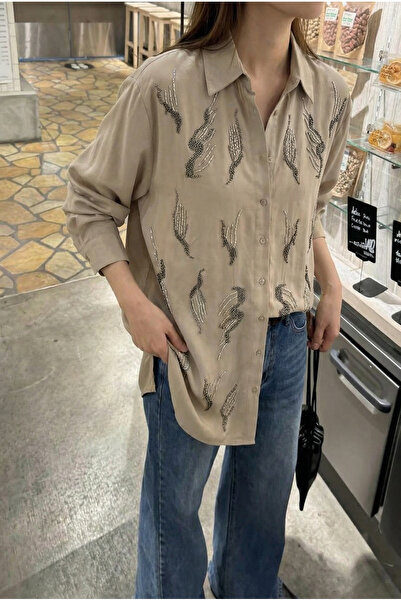 FEMELLE Beige Oversized Shirt with Bead Embroidery (Compatible with Size 48 and Below)