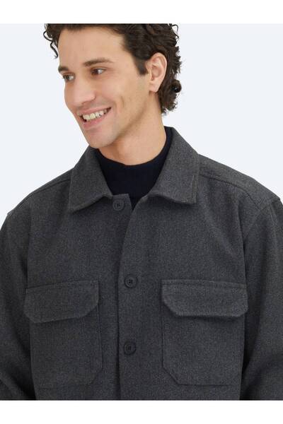 Kip Anthracite Plain Regular Fit Woven Overshirt