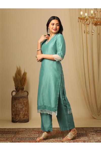 Globus By Styli Green Silver Embroidered V-Neck Kurta and Elasticated Pants Set