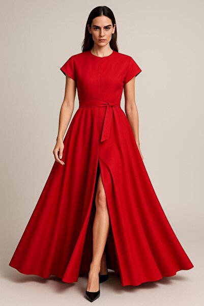 ALYEL NAKER Kuşaklı & Önden Gizli Patlı Kırmızı Tafta Maxi Elbise