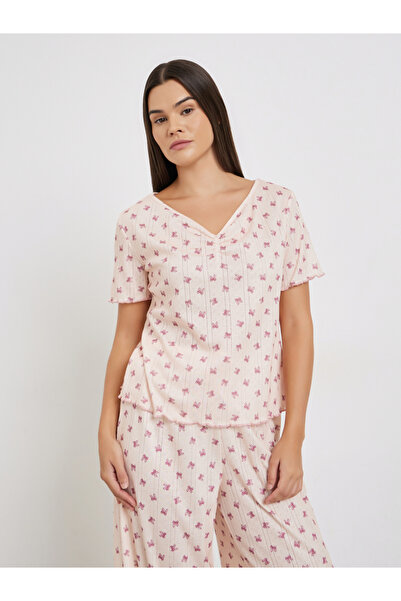 Styli Bow Print Pointelle Dropped Shoulder T-Shirt and Wide Leg Pyjama Set