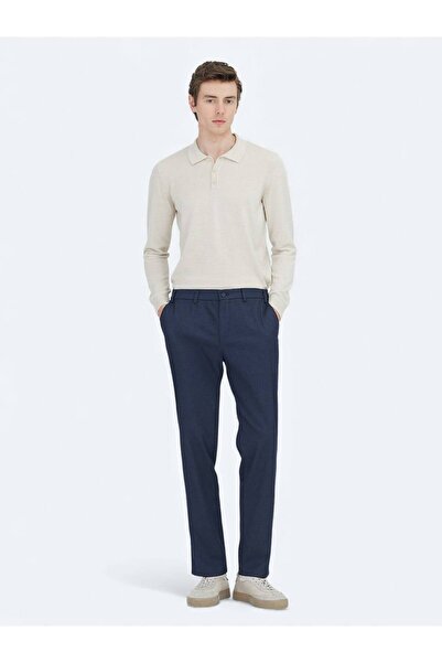 Kip Navy Blue Straight Woven Fitted Fit Classic Trousers