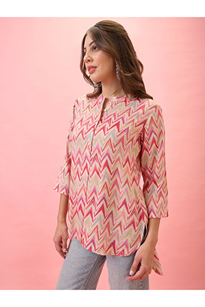Globus By Styli Chevron Print Mandarin Collar Workwear Tunic