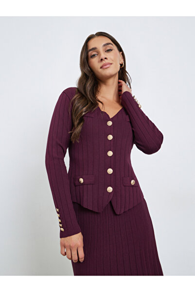 Styli Burgundy Knit Cardigan and Pleated Skirt Co-ords