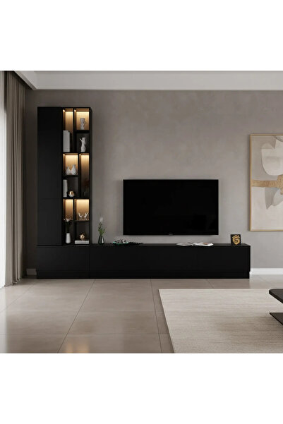 Stylish Home TV stand with side unit and lighting – Luxury black color – Model 61