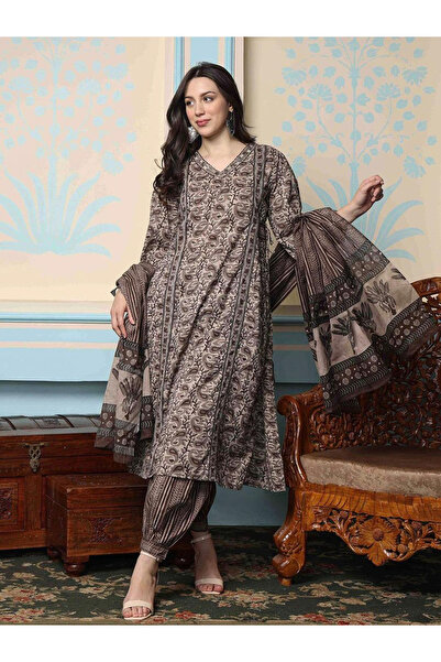 Ishin By Styli Brown Cotton Kurta and Pants with Dupatta Set